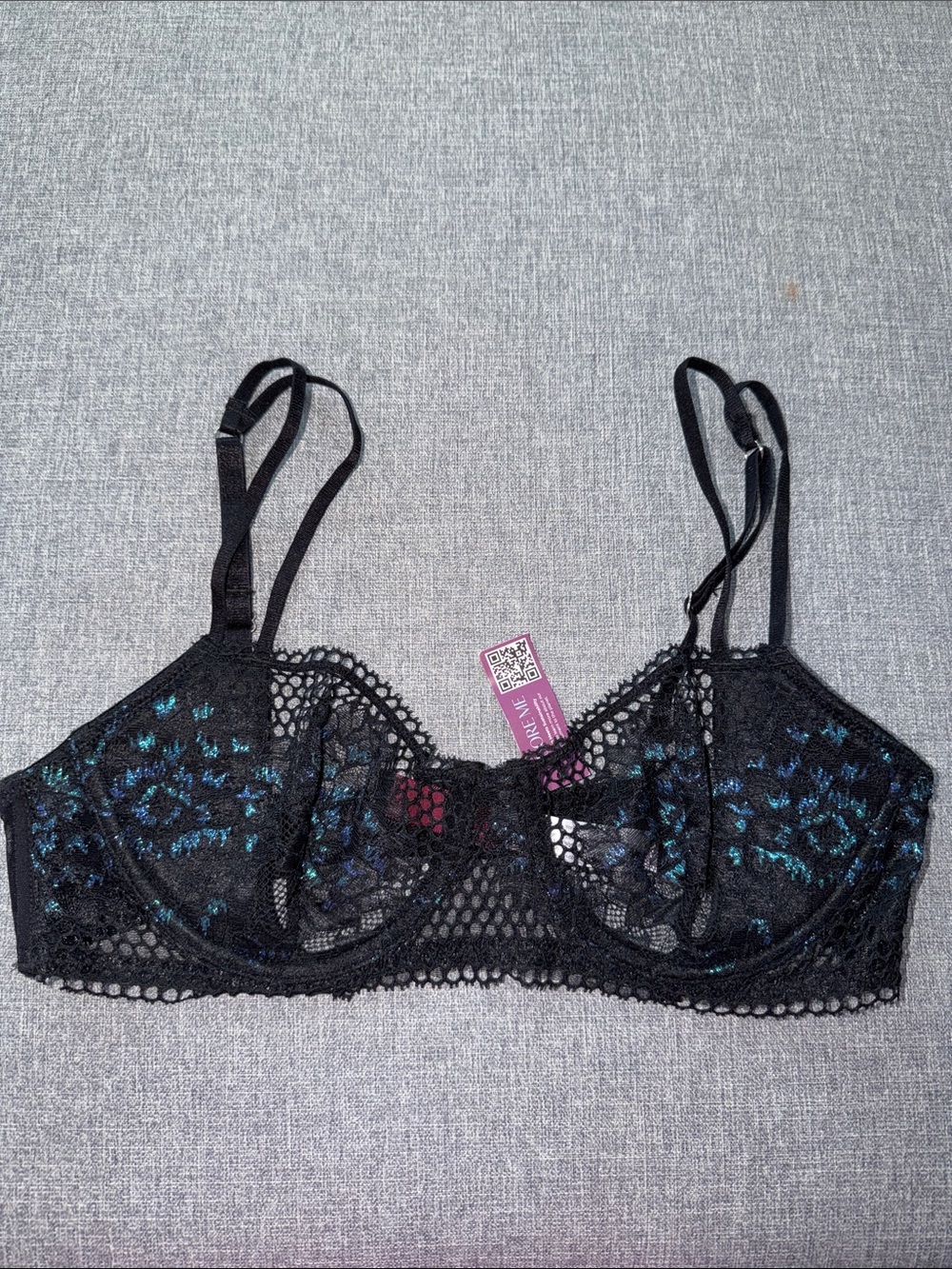 NWT Adore Me Black Lace Underwire Bra with Teal Embroidery-34C